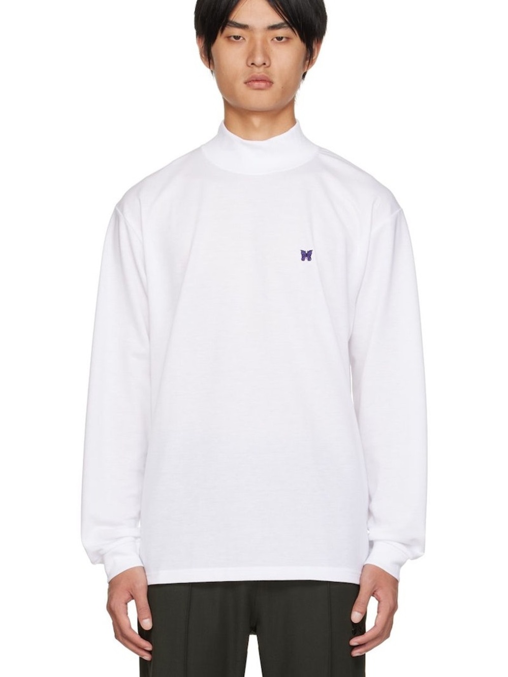 Needles White Long-Sleeve Mock Neck Shirt with Purple Butterfly